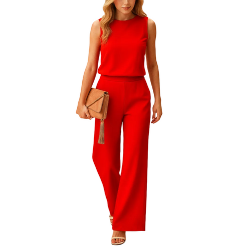 Women's Elegant Round-Neck Wide-Leg Jumpsuit for Work and Events
