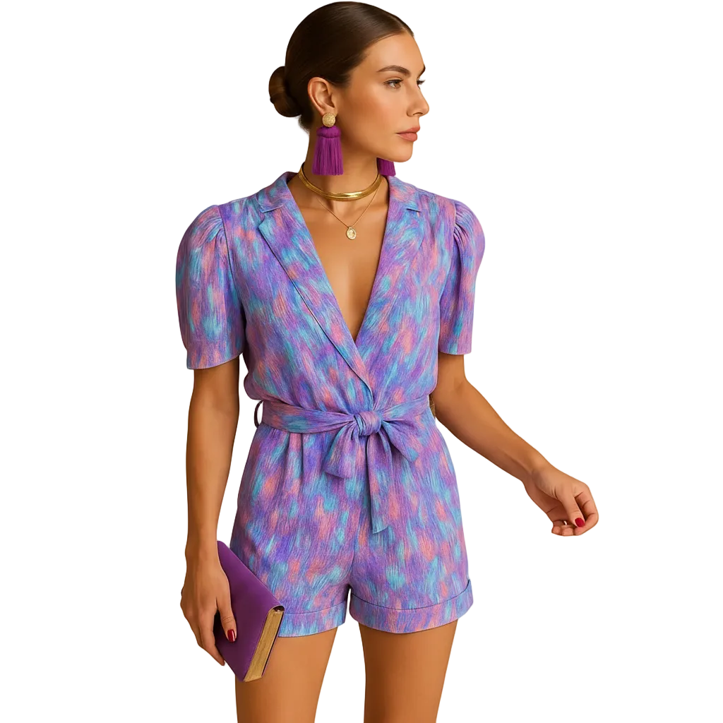 Women's Stylish Printed Short Jumpsuit with Belted Waist