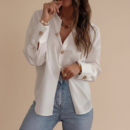 Women's button up long sleeve solid color blouse relaxed fit Korean style casual shirt front view
