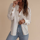 Women's button up long sleeve solid color blouse relaxed fit Korean style casual shirt front view