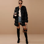 Women's faux fur longline trench style mid length winter coat long sleeve casual overcoat front view