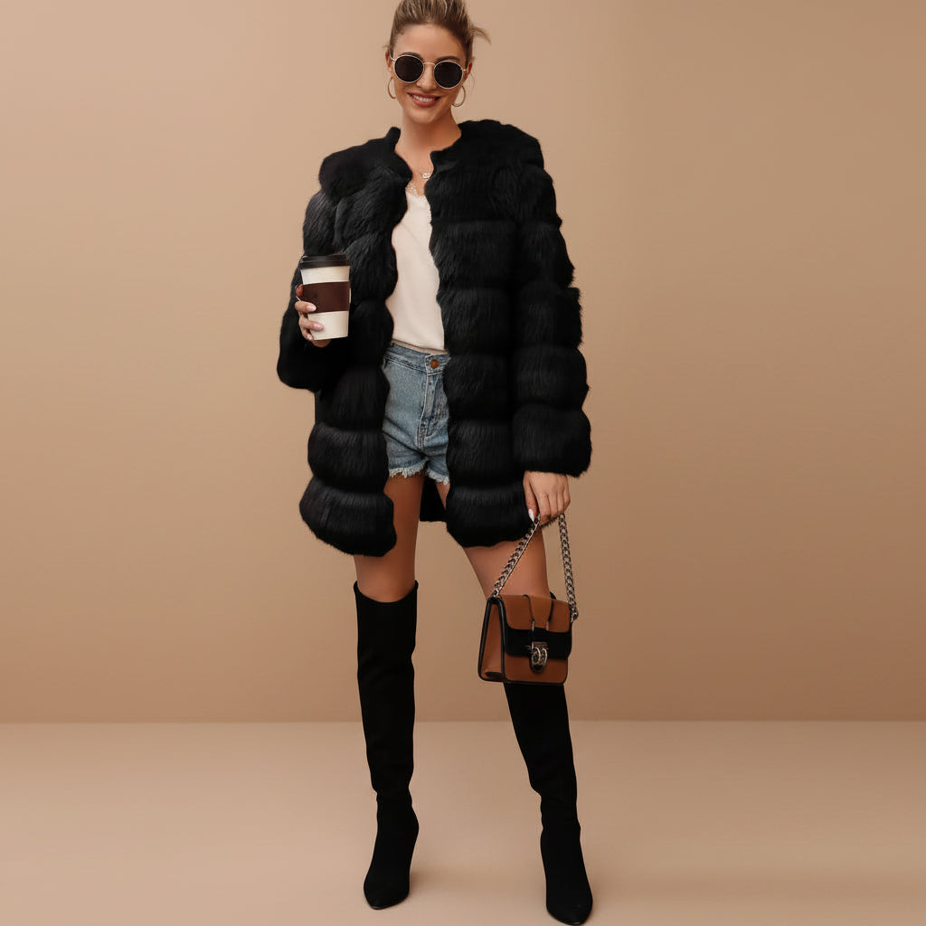 Women's faux fur longline trench style mid length winter coat long sleeve casual overcoat front view