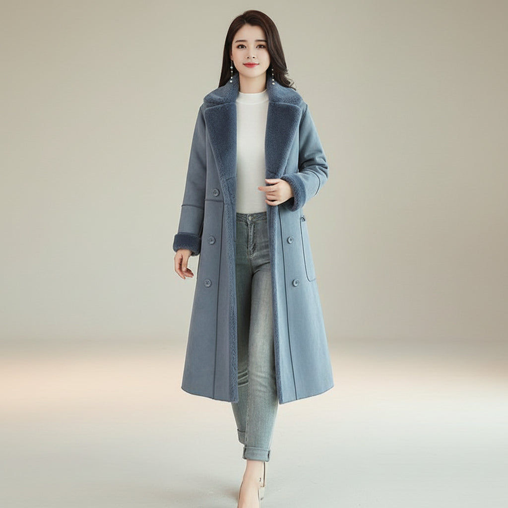 Angled view of women's double breasted winter overcoat