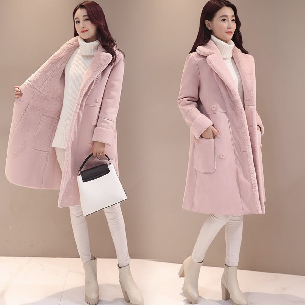 Women's faux lamb wool double breasted coat front view