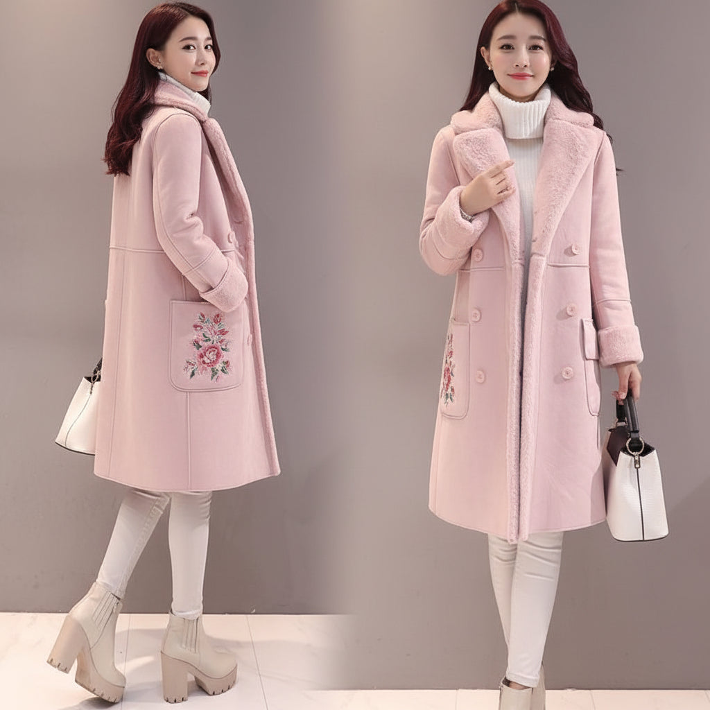 Women's mid-length faux lamb wool coat side view