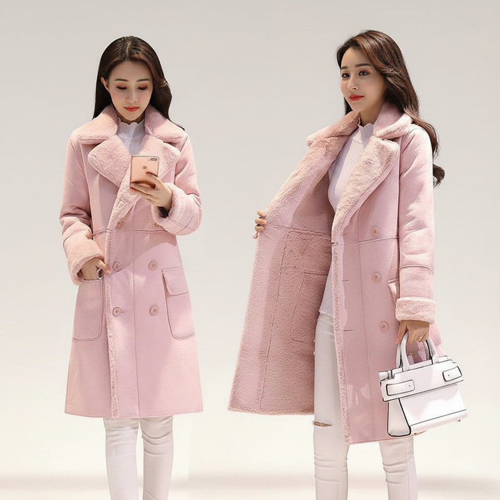 Women's faux lamb wool double breasted coat slim fit mid length winter overcoat with suit collar main image