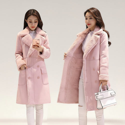Women's faux lamb wool double breasted coat slim fit mid length winter overcoat with suit collar main image