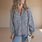 Women's floral printed loose fit lantern sleeve cotton pullover casual Korean style blouse top front view