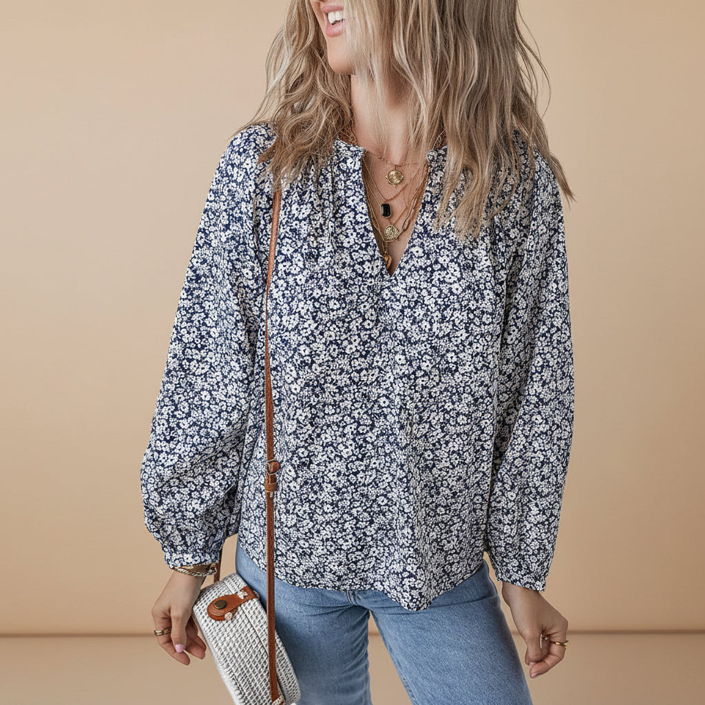 Full view of women's floral printed cotton blouse
