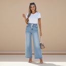 Full length view of women's high waist wide leg denim jeans