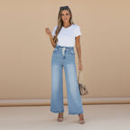High waist detail of women's wide leg denim jeans