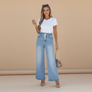 High waist detail of women's wide leg denim jeans