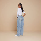 Women's high waist straight leg light wash cotton denim jeans front view