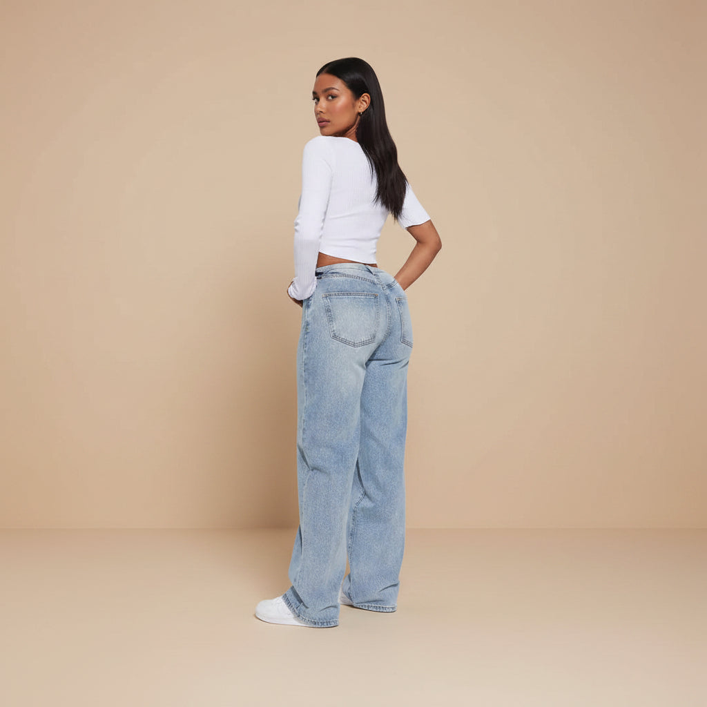 Women's high waist straight leg light wash cotton denim jeans front view