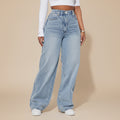 Women's high waist straight leg light wash cotton denim jeans full length casual pants main image