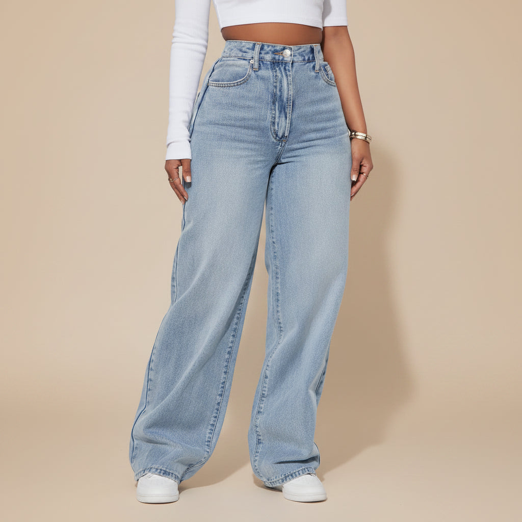 Women's high waist straight leg light wash cotton denim jeans full length casual pants main image