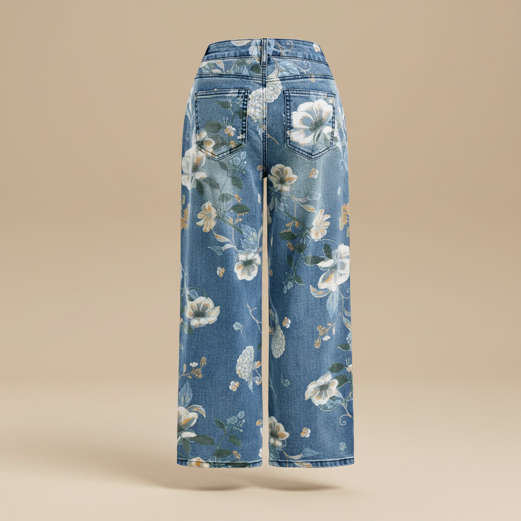 Women's high waist floral print denim jeans back view