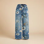 Women's high waist straight leg vintage floral print denim jeans full length casual pants front view
