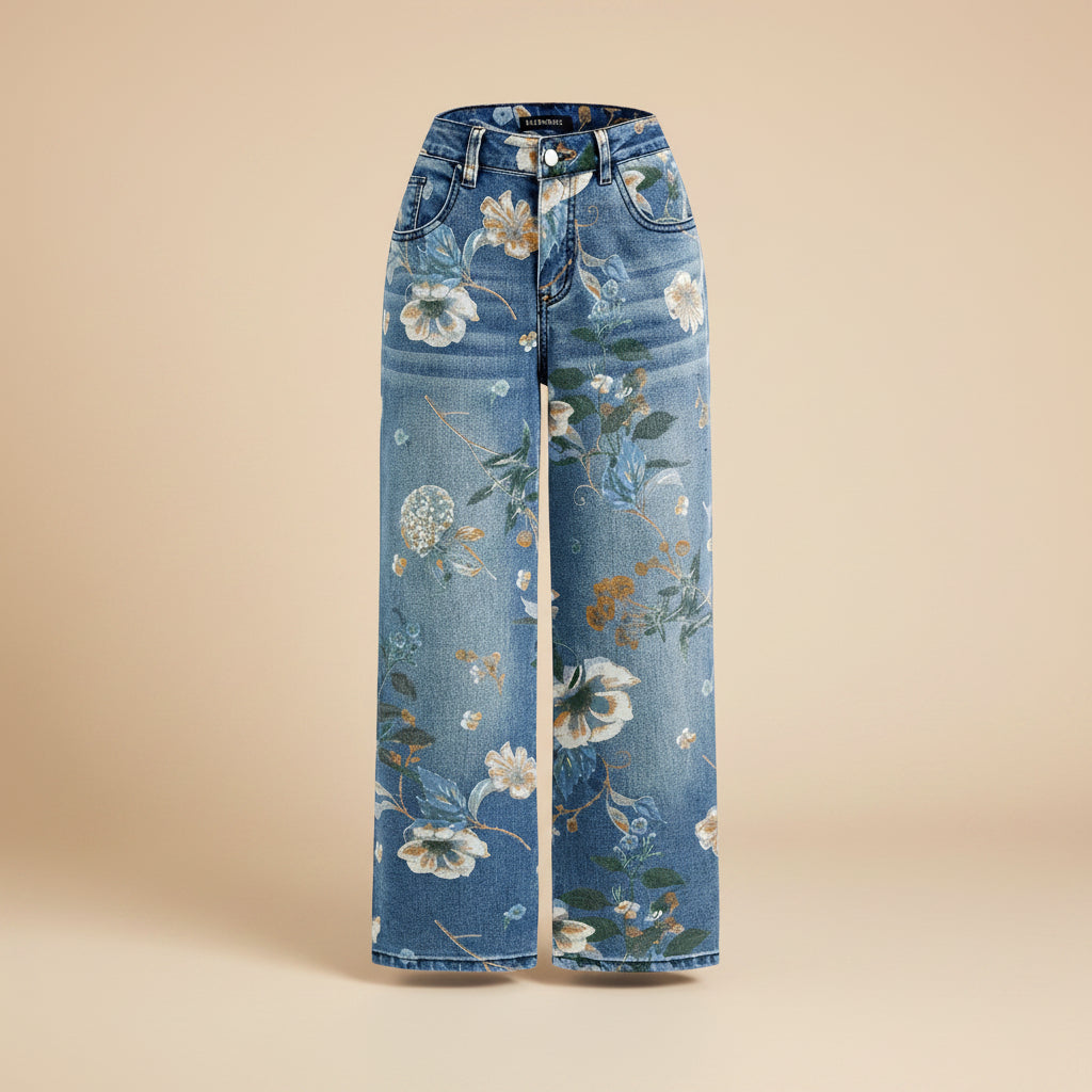 Women's high waist straight leg vintage floral print denim jeans full length casual pants front view