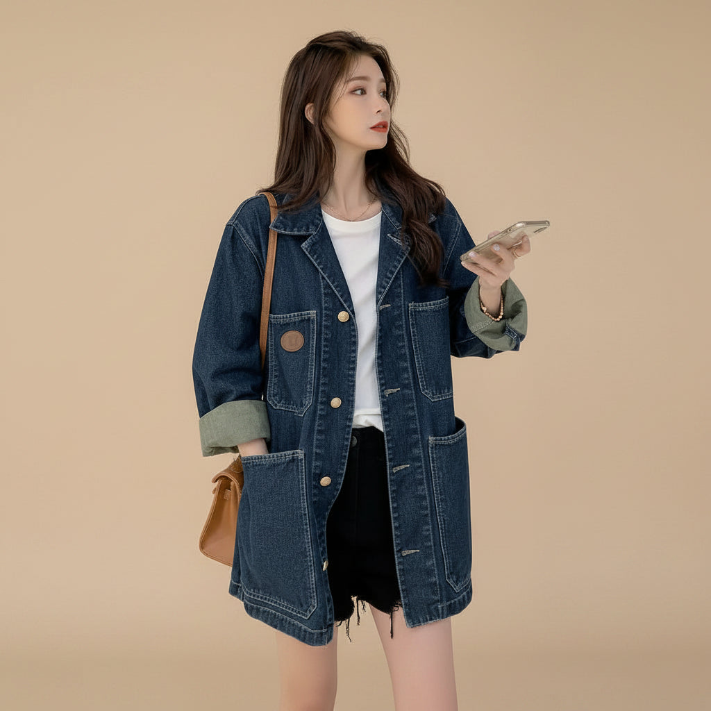 Women's Korean style loose fit denim coat lapel collar long sleeve mid length casual jacket front view