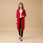 Women's mid length wool blend knit cardigan back view