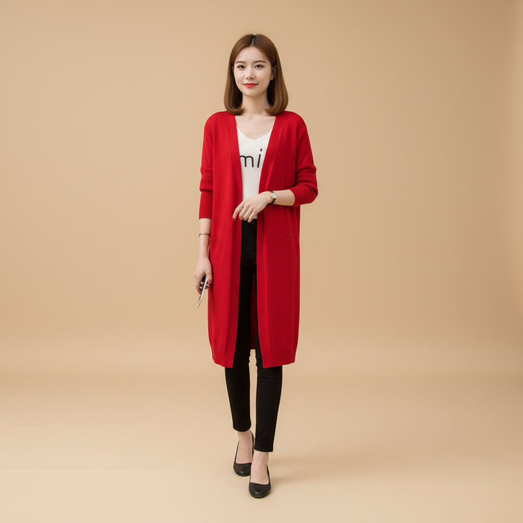 Women's mid length wool blend knit cardigan back view