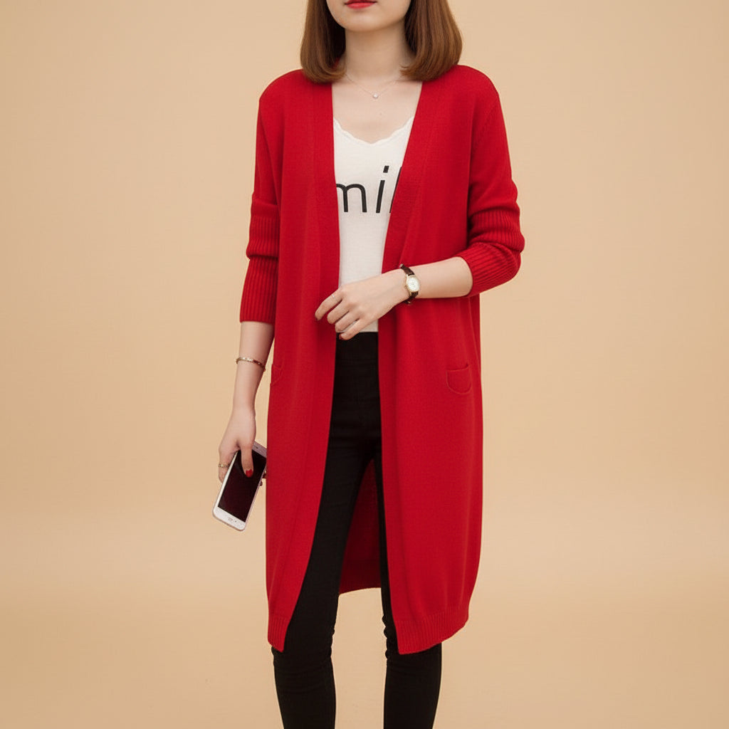 Women's Korean style loose fit mid length wool blend knit cardigan sweater open front coat front view