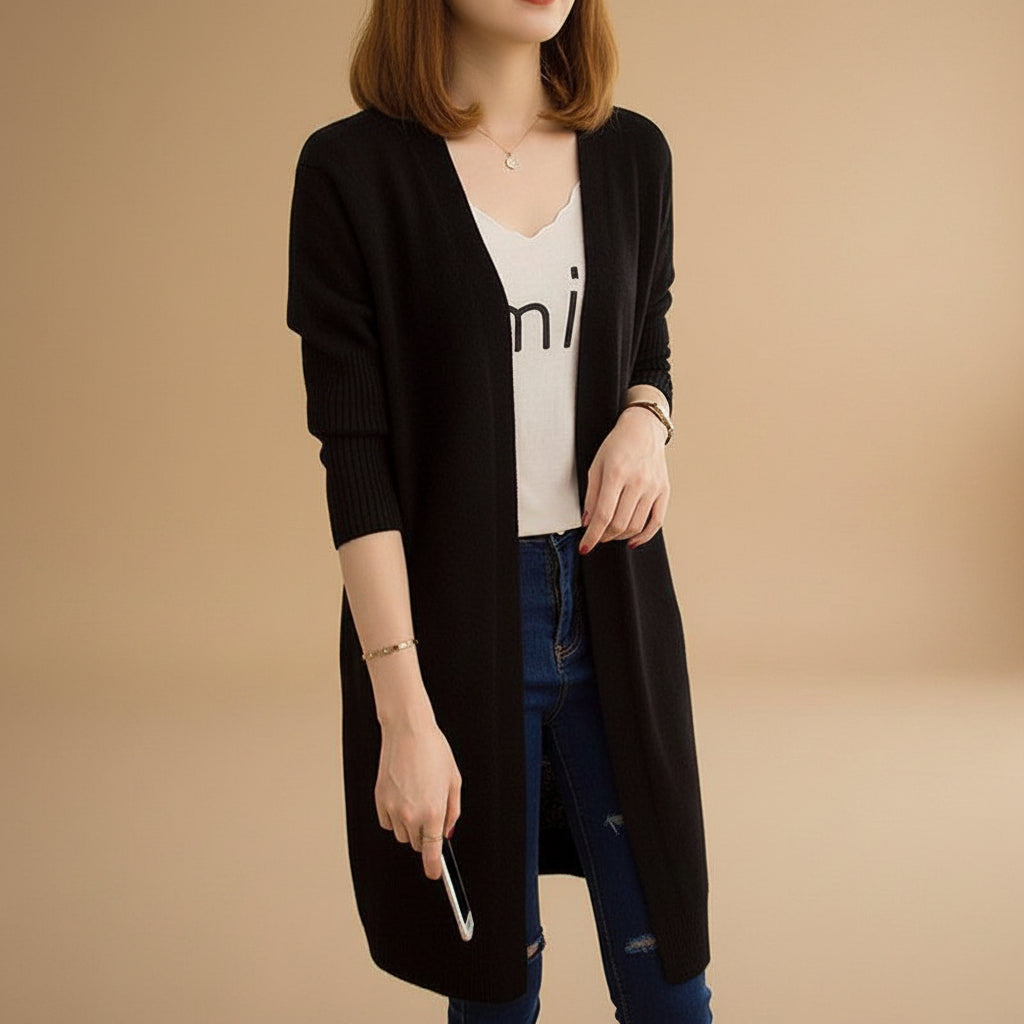 Women's loose fit knit cardigan side view