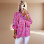 Women's lightweight floral print chiffon blouse loose fit long sleeve casual office everyday pullover shirt top main image
