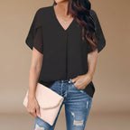 Women's loose fit chiffon blouse petal sleeve lightweight pullover casual office everyday top front view