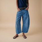 Women's baggy wide leg barrel denim jeans back view