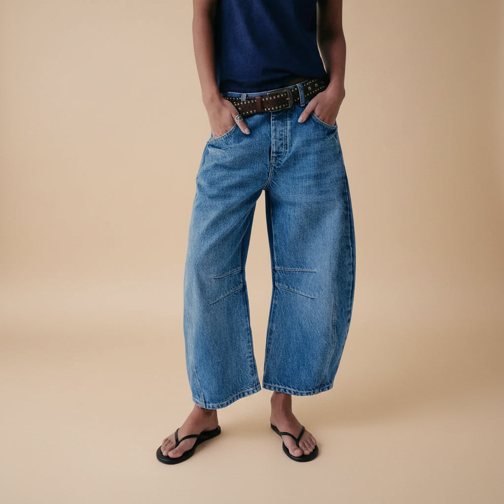Women's baggy wide leg barrel denim jeans back view
