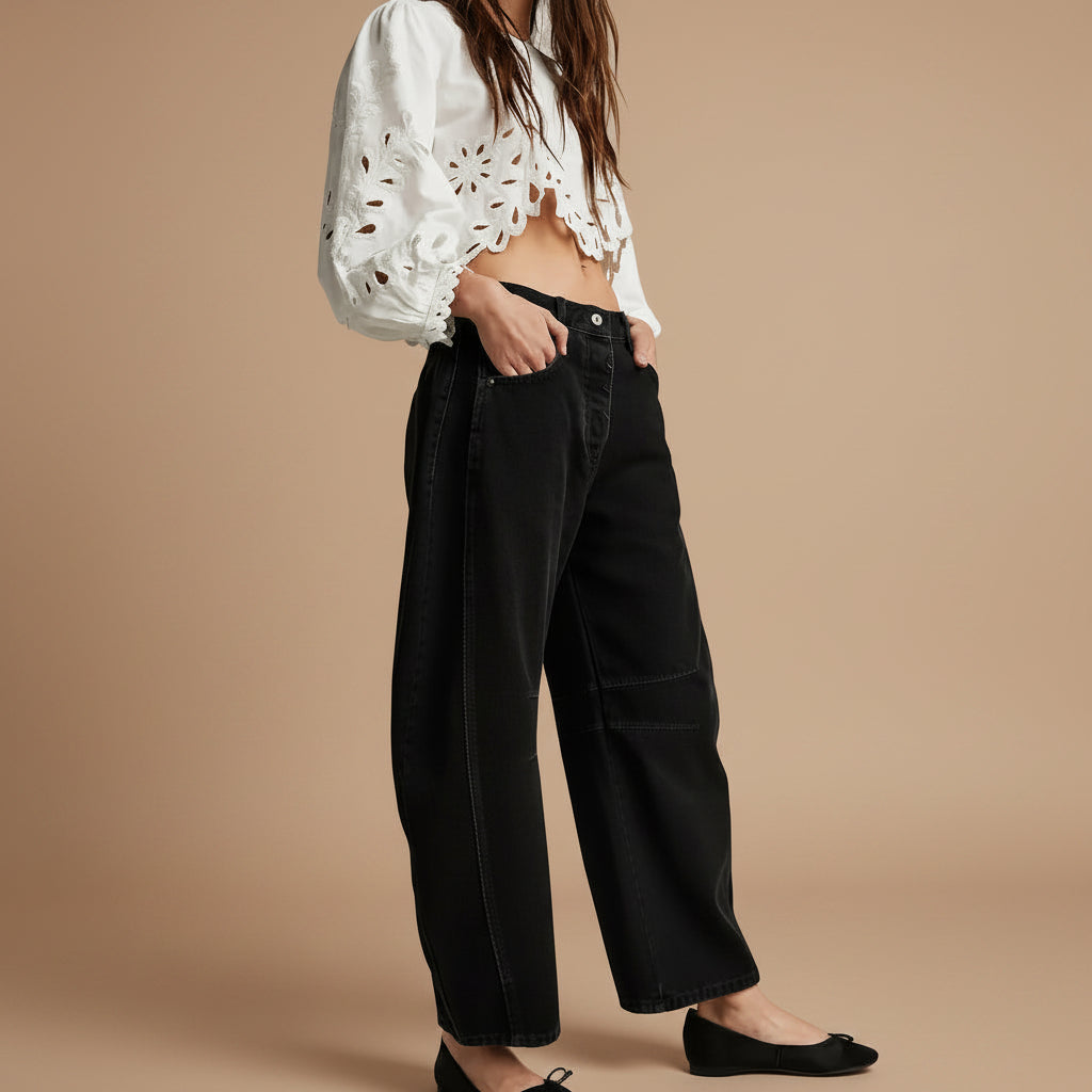 Women's mid rise baggy wide leg barrel denim jeans stone washed stretch casual pants front view