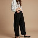 Women's mid rise baggy wide leg barrel denim jeans stone washed stretch casual pants front view