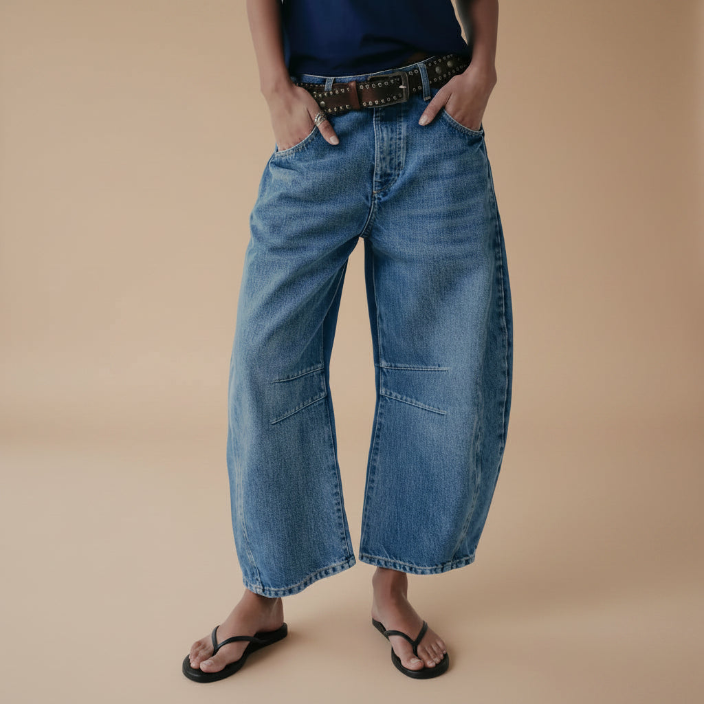 Women's wide leg barrel denim jeans side view