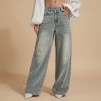 Women's mid rise loose fit flared leg denim cotton casual street style trousers front view