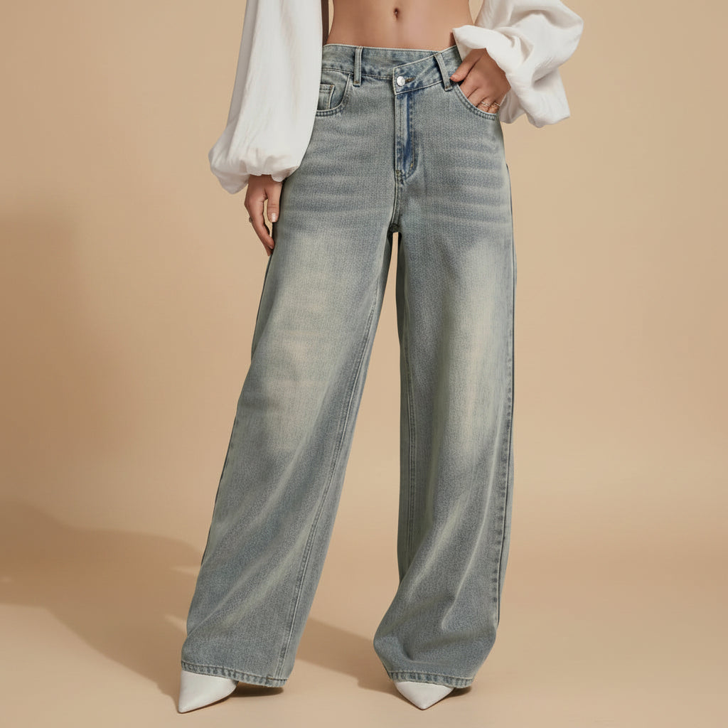 Women's mid rise loose fit flared leg denim cotton casual street style trousers front view