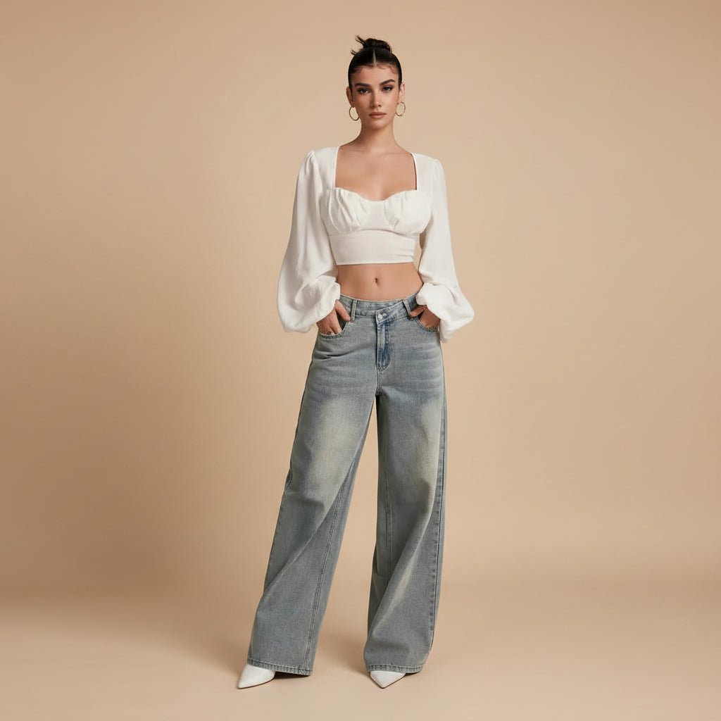 Women's loose fit flared denim trousers side view
