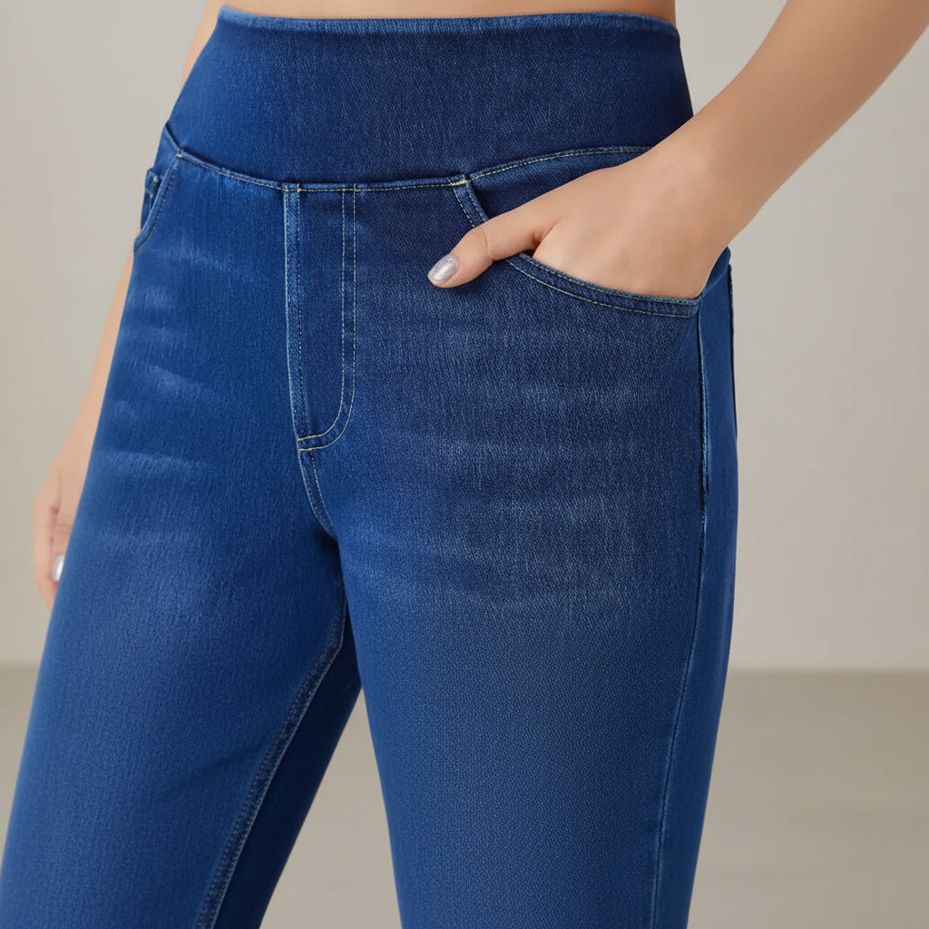 Women's mid waist high stretch slim fit full length denim jeans back view