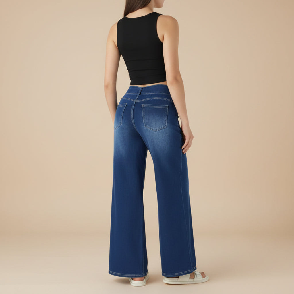 Women's mid waist high stretch slim fit full length denim jeans front view
