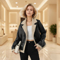 Women's PU leather fleece padded belted loose fit winter jacket back view