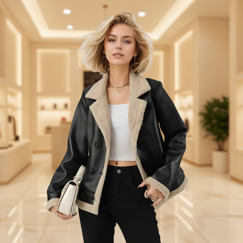 Women's PU leather fleece padded belted loose fit winter jacket back view