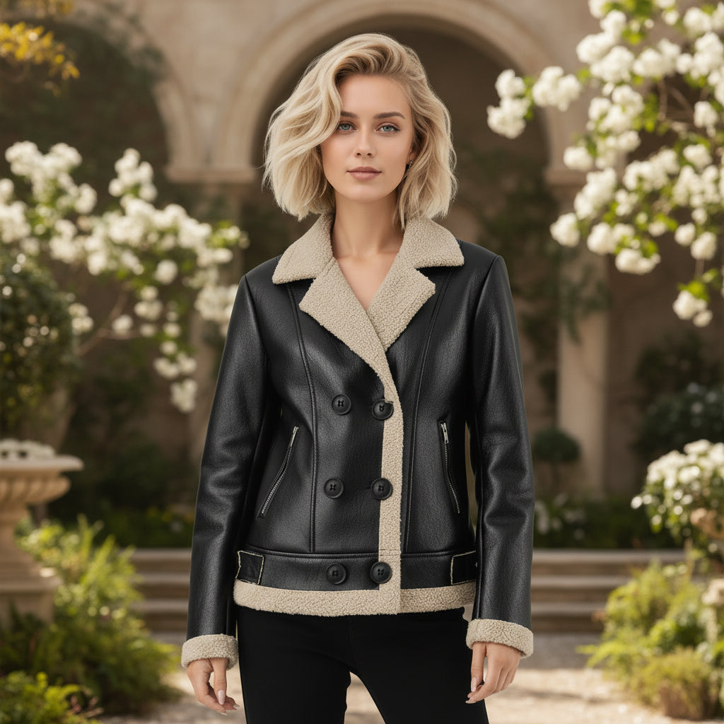 Women's PU leather fleece padded belted loose fit winter jacket front view