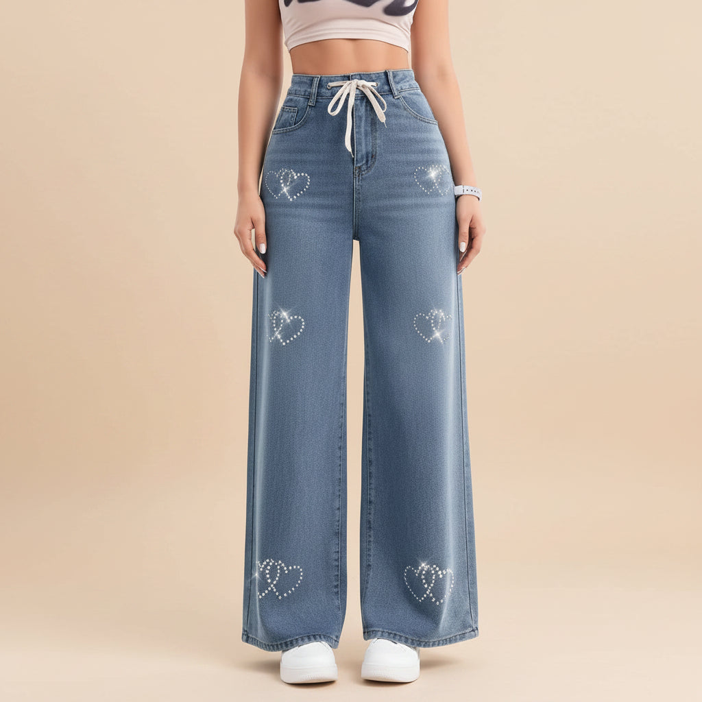 Women's retro high waist wide leg vintage denim jeans back view