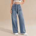 Women's retro high waist wide leg vintage cotton denim lace up full length casual jeans front view