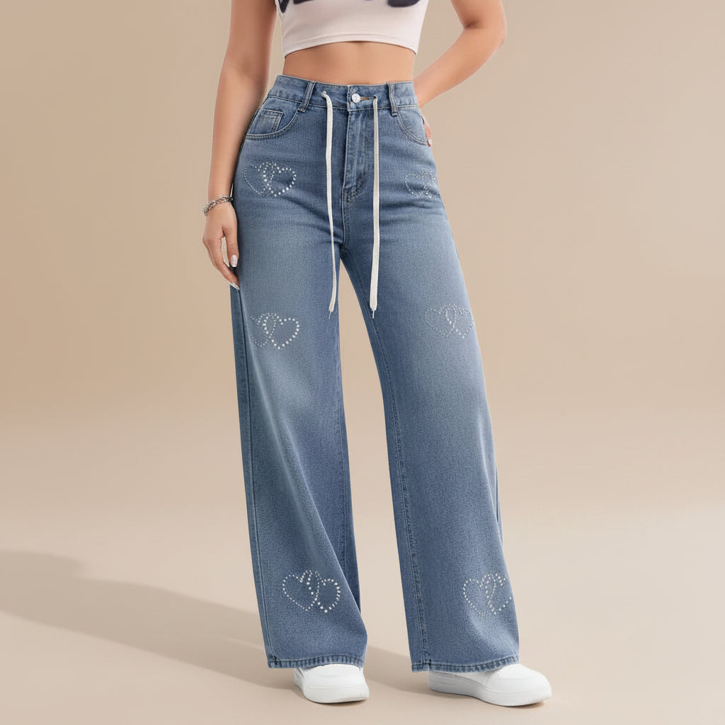 Women's retro high waist wide leg vintage cotton denim lace up full length casual jeans front view