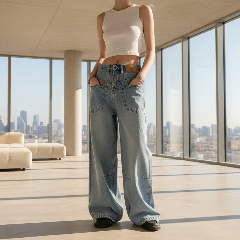 Person wearing blue jeans with a visible brand label on a white background