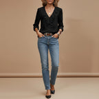 Angled view of women's retro V neck blouse