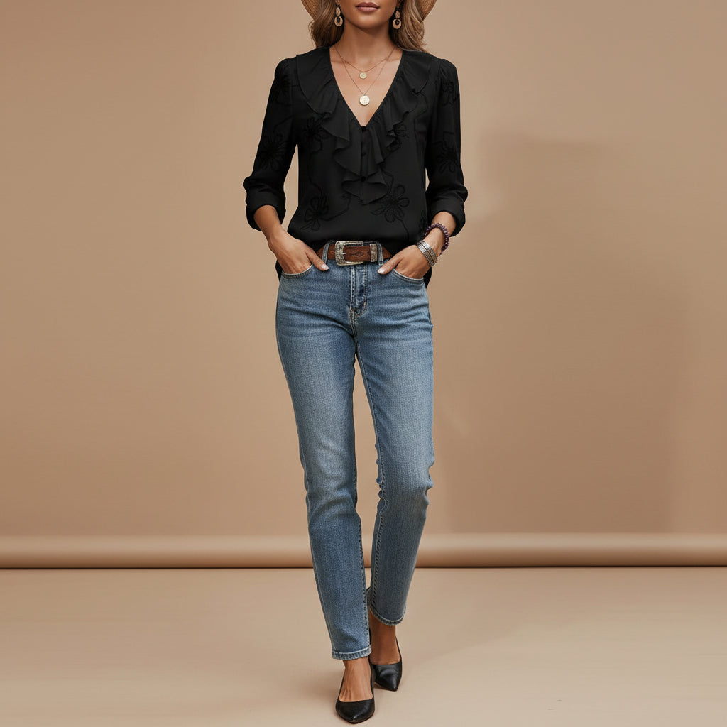 Angled view of women's retro V neck blouse