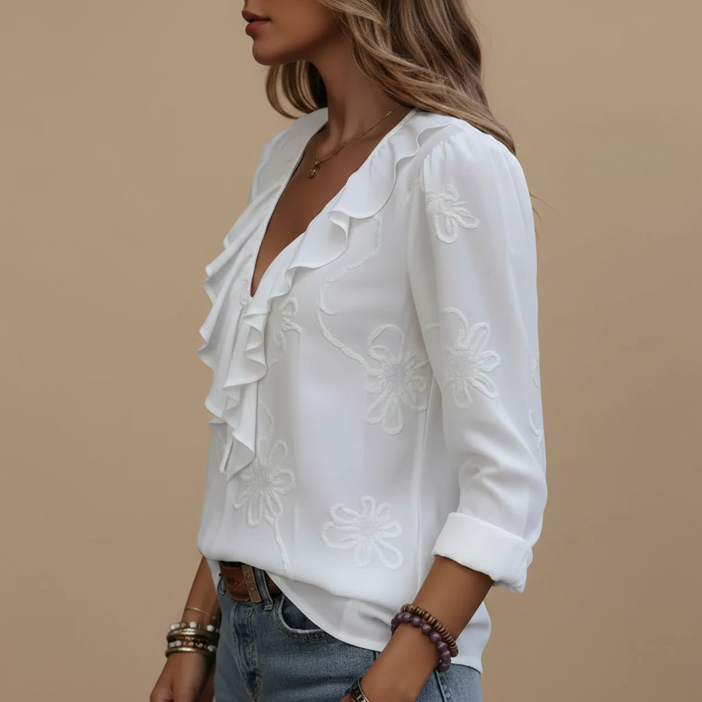 Women's retro ruffle trim V neck blouse back view